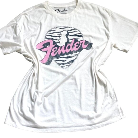 Fender Graphic Tee XL White Black Pink Short Sleeve Tagless Crew Neck 227H - Picture 1 of 6